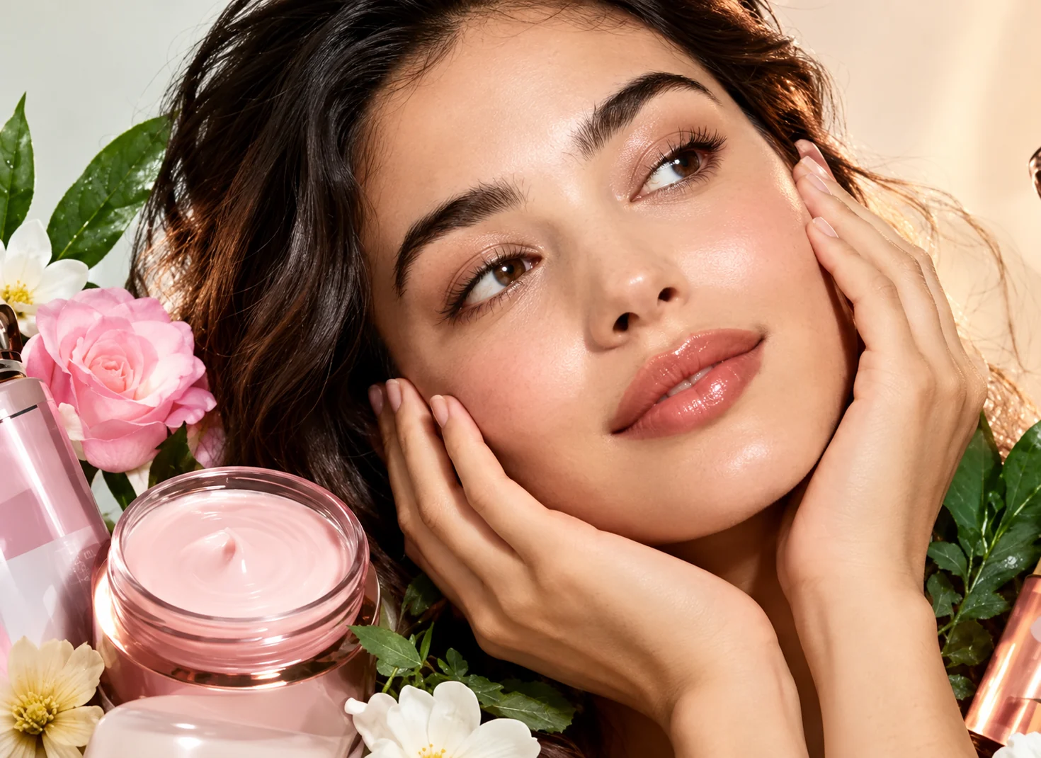 Beauty model with skincare products and flowers